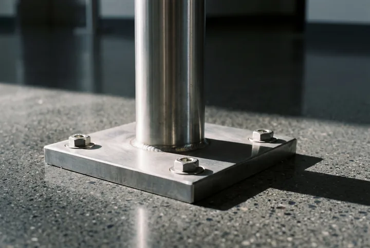 Steel railing post and base plate during installation